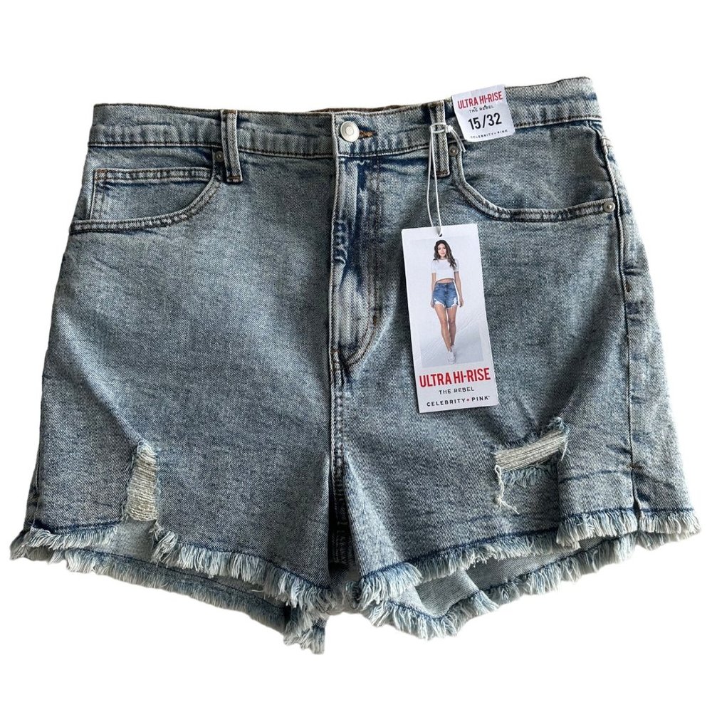 Celebrity Pink Denim Shorts Ultra Hi Rise The Rebel Size 15/32 NWT Distressed Ra